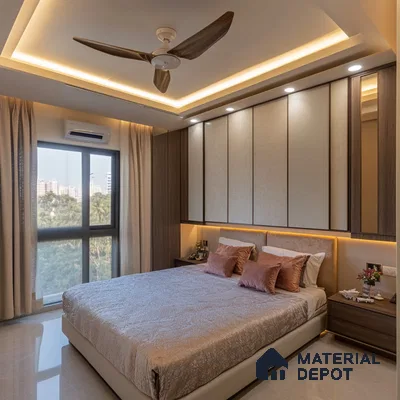 Contemporary Bedroom Design with Textured Wall Panels and City View Salarpuria Sattva Anugraha Vijayanagar | Material Depot