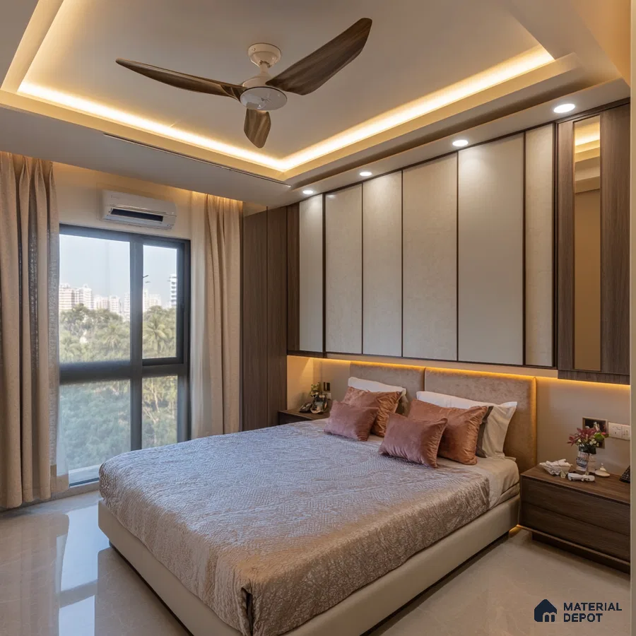 Contemporary Bedroom Design with Textured Wall Panels and City View Salarpuria Sattva Anugraha Vijayanagar | Material Depot