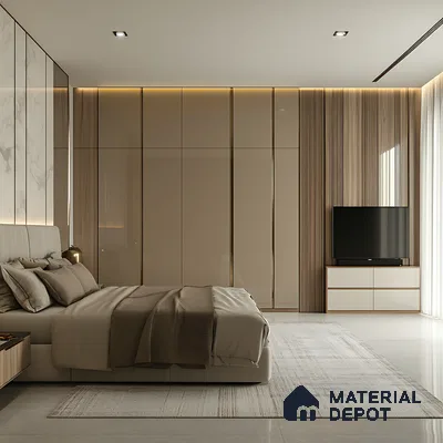 Contemporary Beige Bedroom with Glossy Wardrobes and Marble Accent Wall | Material Depot
