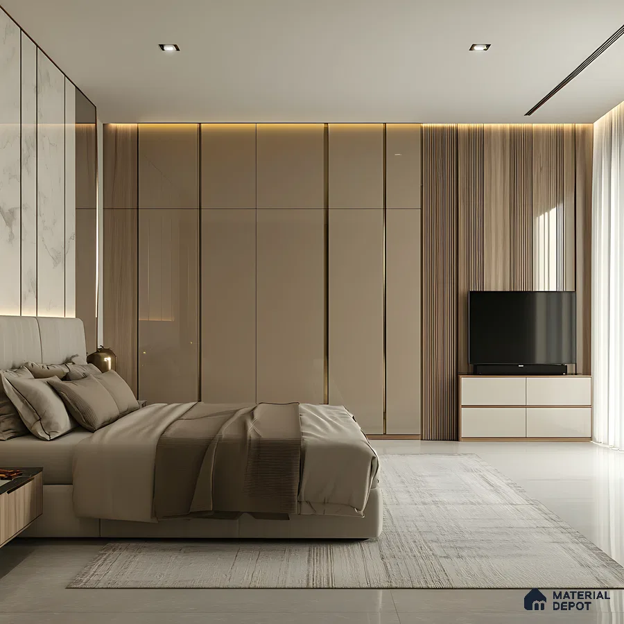 Contemporary Beige Bedroom with Glossy Wardrobes and Marble Accent Wall | Material Depot