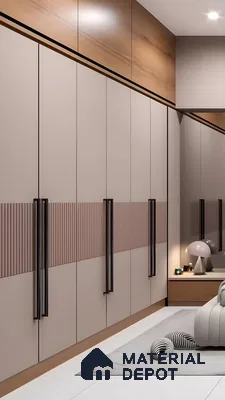 Contemporary Beige Wardrobe With Fluted Panel Detailing, Tall Matte Black Handles, And Overhead Wooden Loft Storage | Material Depot