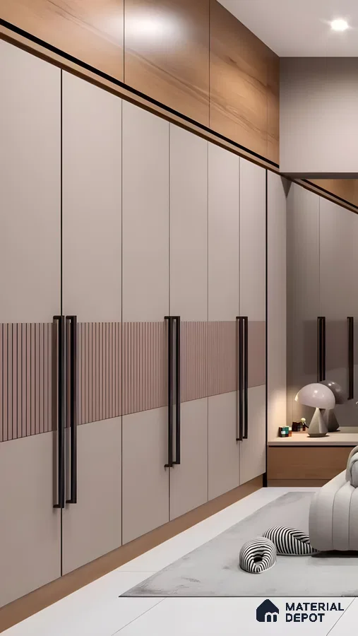 Contemporary Beige Wardrobe With Fluted Panel Detailing, Tall Matte Black Handles, And Overhead Wooden Loft Storage | Material Depot