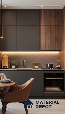 Contemporary Black and Wood Kitchen with Underlit Cabinets for Warm Aesthetics | Material Depot