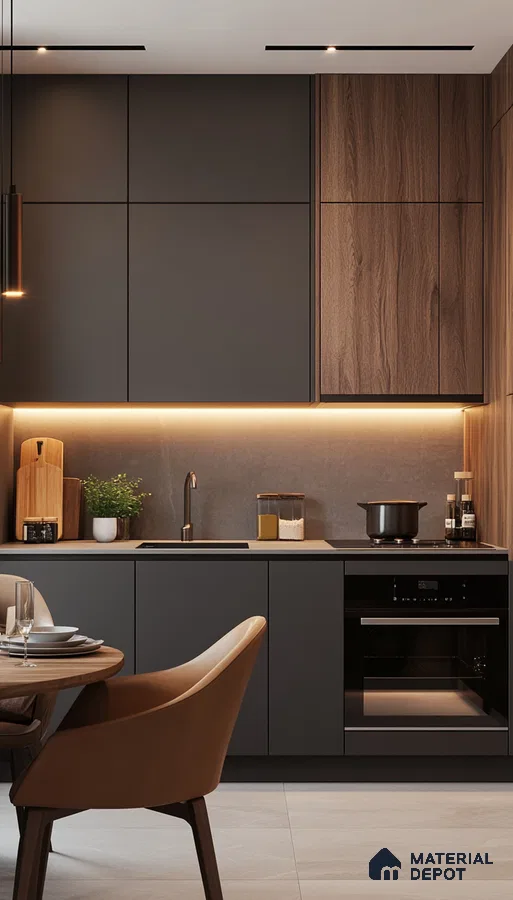 Contemporary Black and Wood Kitchen with Underlit Cabinets for Warm Aesthetics | Material Depot