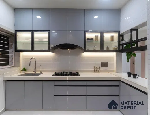 Contemporary Blue Kitchen With Fluted Glass Cabinets And Subway Tile Backsplash | Material Depot