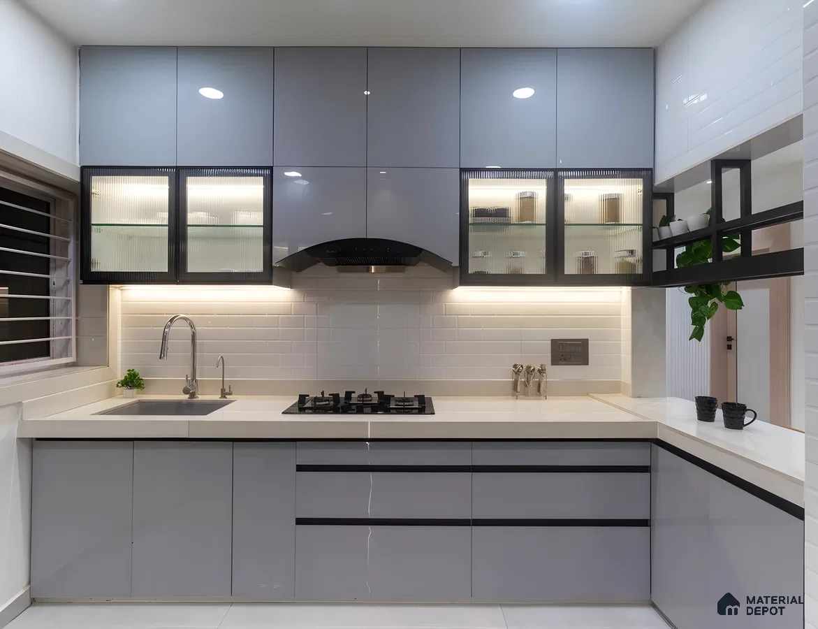Contemporary Blue Kitchen With Fluted Glass Cabinets And Subway Tile Backsplash | Material Depot