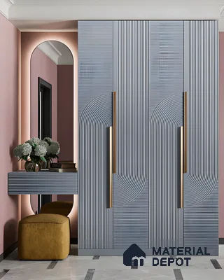 Contemporary Blue Wardrobe with Curved Lines and Gold Handles | Material Depot