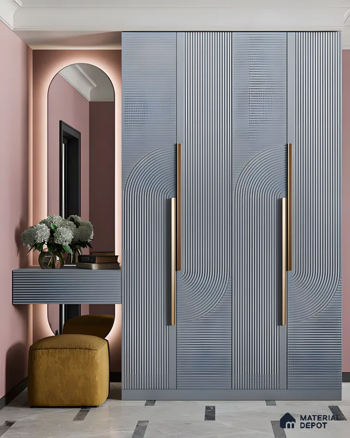 Contemporary Blue Wardrobe with Curved Lines and Gold Handles | Material Depot