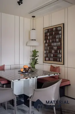 Contemporary Breakfast Nook with Monochrome Tabletop and Wall Art Accent in 2 BHK Nagarjuna Meadows, Yelahanka | Material Depot