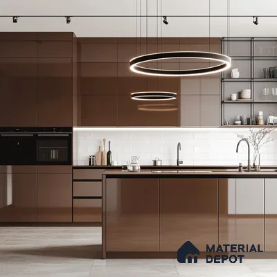 Contemporary Brown Kitchen Featuring Open Shelving and Chic Lighting | Material Depot