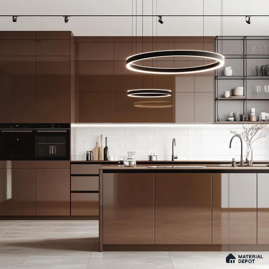 Contemporary Brown Kitchen Featuring Open Shelving and Chic Lighting | Material Depot