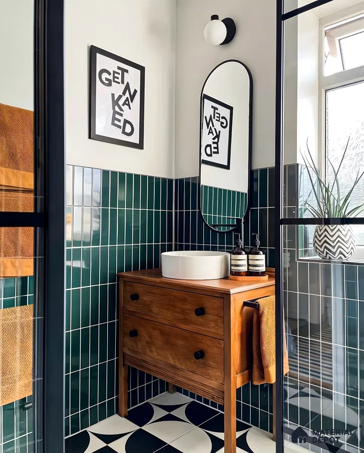 Contemporary Charm in a Teal and White Bathroom Highlighted by Playful Art | Material Depot