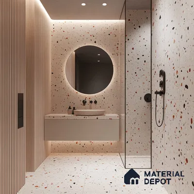 Contemporary Charm: Unique Terrazzo Bathroom with Circular Mirror and Wooden Accents | Material Depot