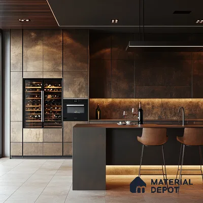 Contemporary Chic Kitchen with Rustic Metallic Tiles and Elegant Wine Storage | Material Depot