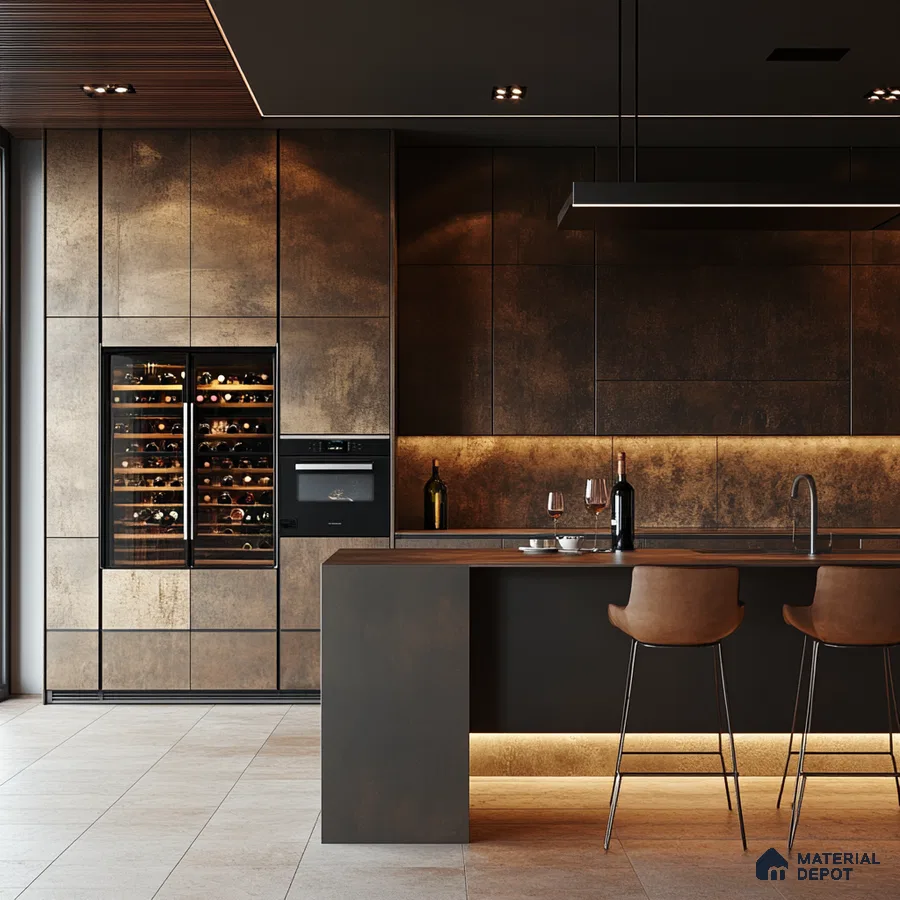 Contemporary Chic Kitchen with Rustic Metallic Tiles and Elegant Wine Storage | Material Depot