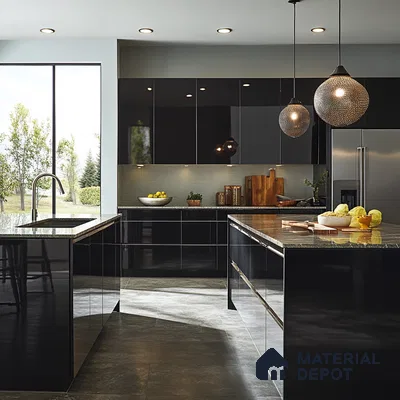 Contemporary Chic: Kitchen with Textured Pendant Lights and Reflective Countertops | Material Depot
