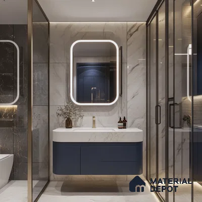 Contemporary Chic: Luxurious Marble Bathroom with Blue Vanity and Elegant Fixtures | Material Depot