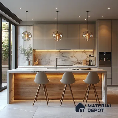Contemporary Chic: Stunning Kitchen with Marble Island, Wood Details, and Elegant Lighting | Material Depot