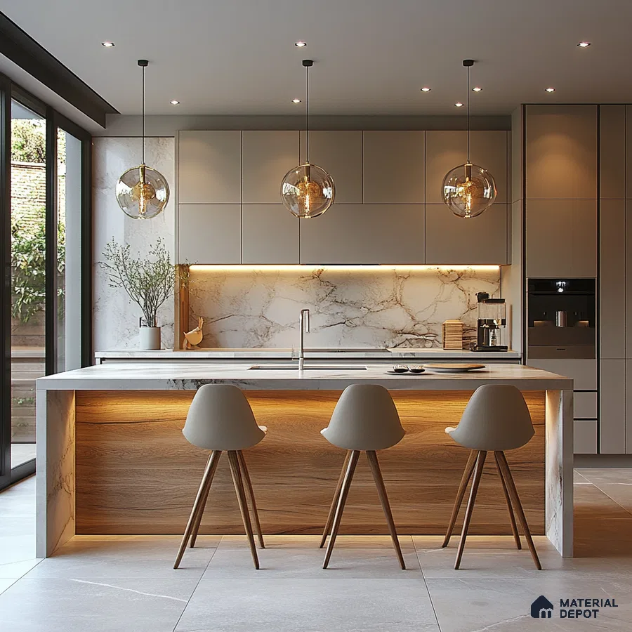Contemporary Chic: Stunning Kitchen with Marble Island, Wood Details, and Elegant Lighting | Material Depot