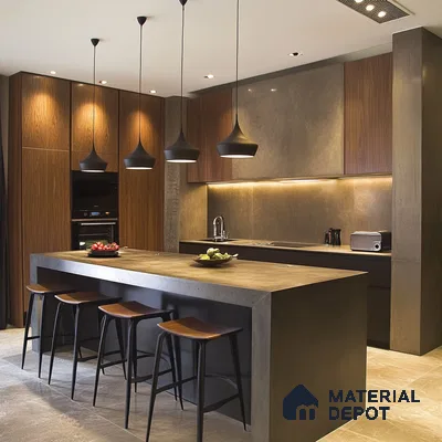 Contemporary Concrete and Wood Kitchen with Island Counter | Material Depot