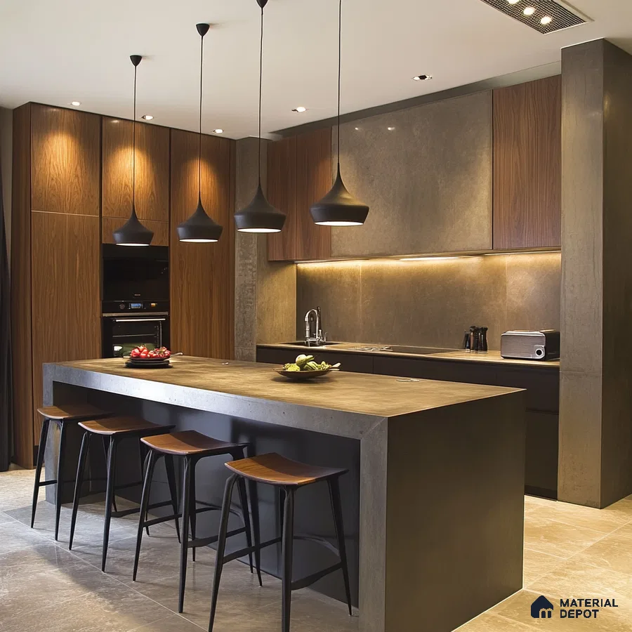 Contemporary Concrete and Wood Kitchen with Island Counter | Material Depot