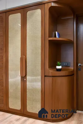 Contemporary Corner Wardrobe With Curved Walnut Shelves And Vertical Rattan Cane Shutters | Material Depot