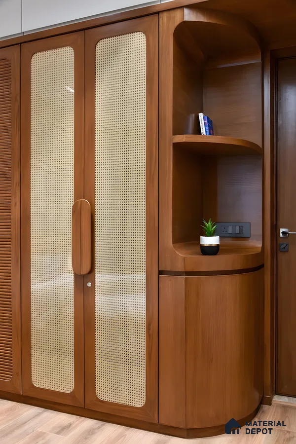Contemporary Corner Wardrobe With Curved Walnut Shelves And Vertical Rattan Cane Shutters | Material Depot