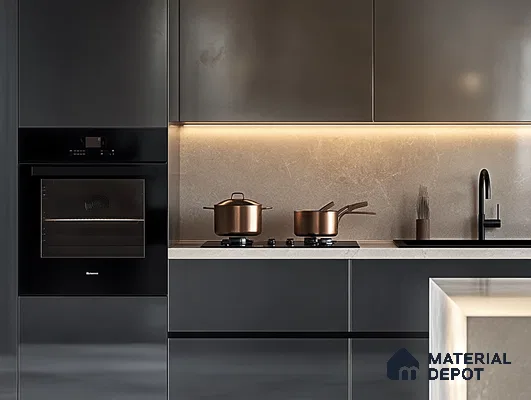 Contemporary Dark Kitchen with Gold Accents and Ambient Lighting | Material Depot
