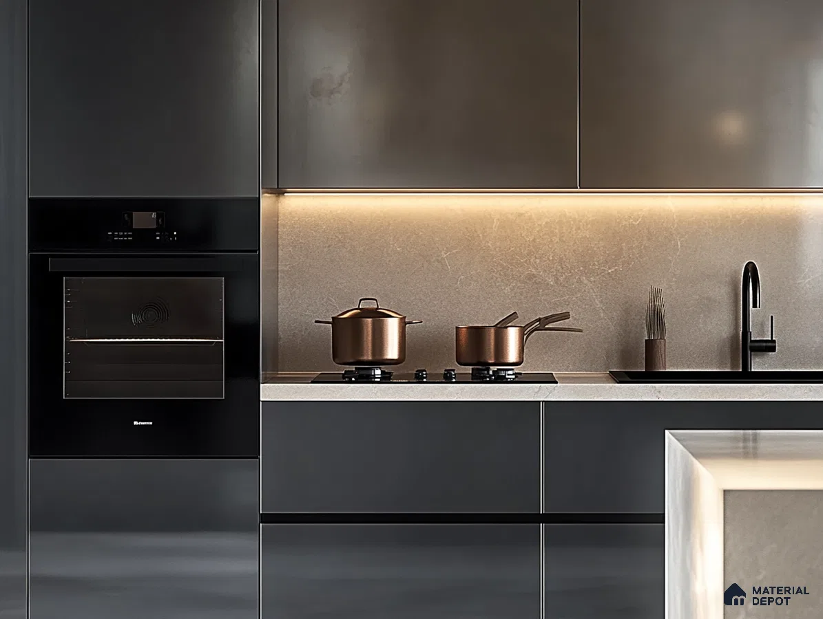 Contemporary Dark Kitchen with Gold Accents and Ambient Lighting | Material Depot