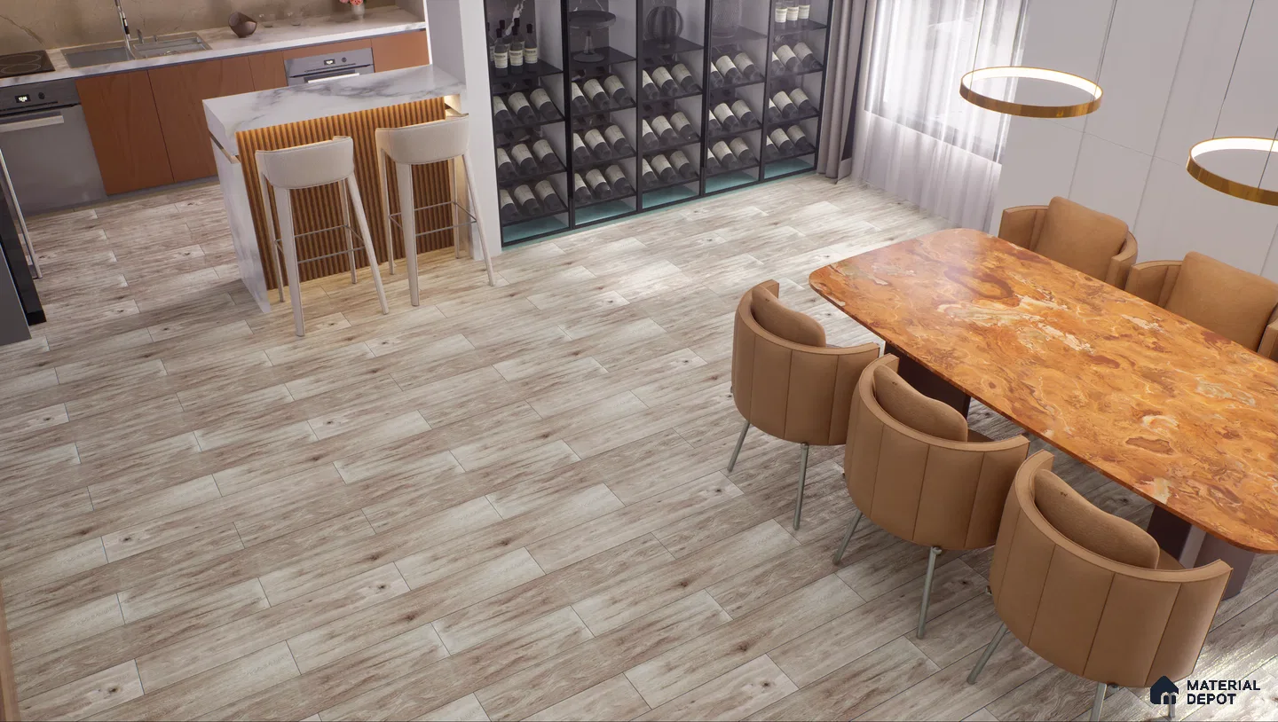 Contemporary Dining and Kitchen Area with Light Wood Flooring | Material Depot