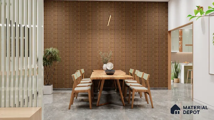 Contemporary Dining Area with Vertical Fluted Panel Feature Wall | Material Depot