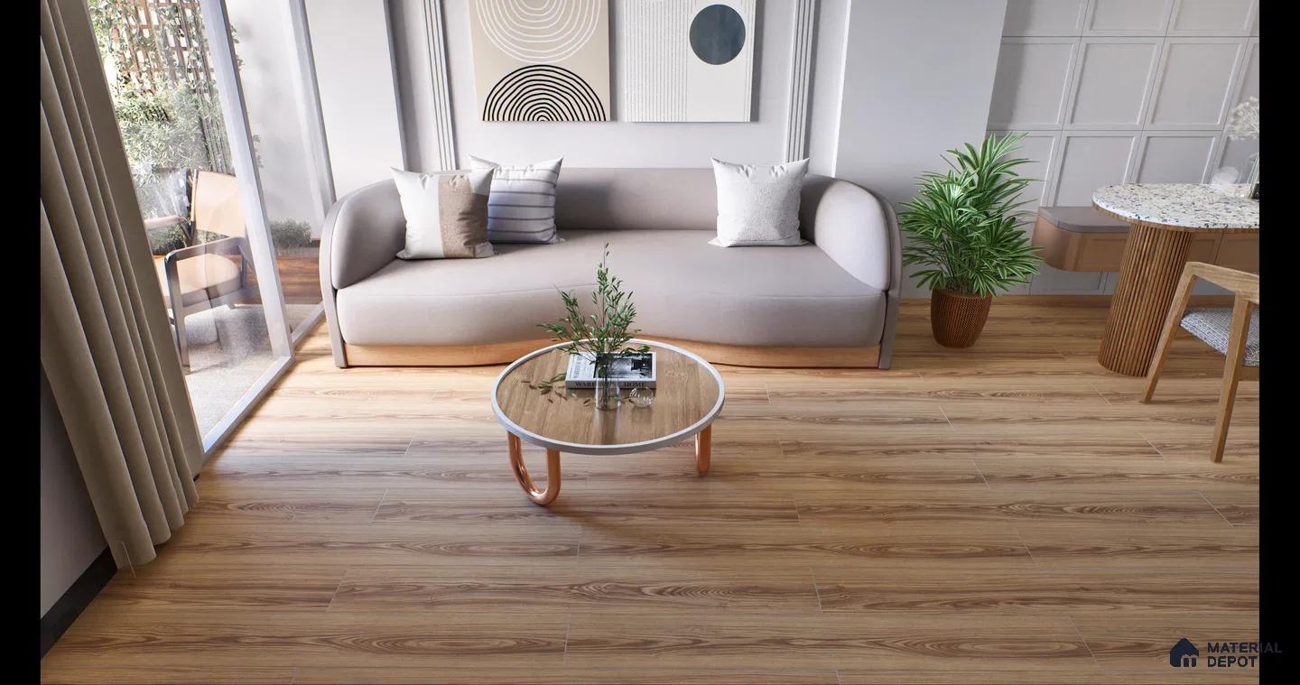 Contemporary Dining Room with Light Wood-Look Flooring | Material Depot