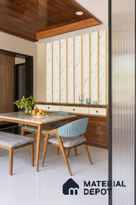 Contemporary Dining with Polished Wood Ceiling, Stone-Top Table & Velvet Upholstery | Material Depot