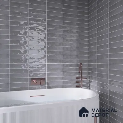 Contemporary Elegance Grey Reflective Tiles with Bronze Accents in Bathroom | Material Depot