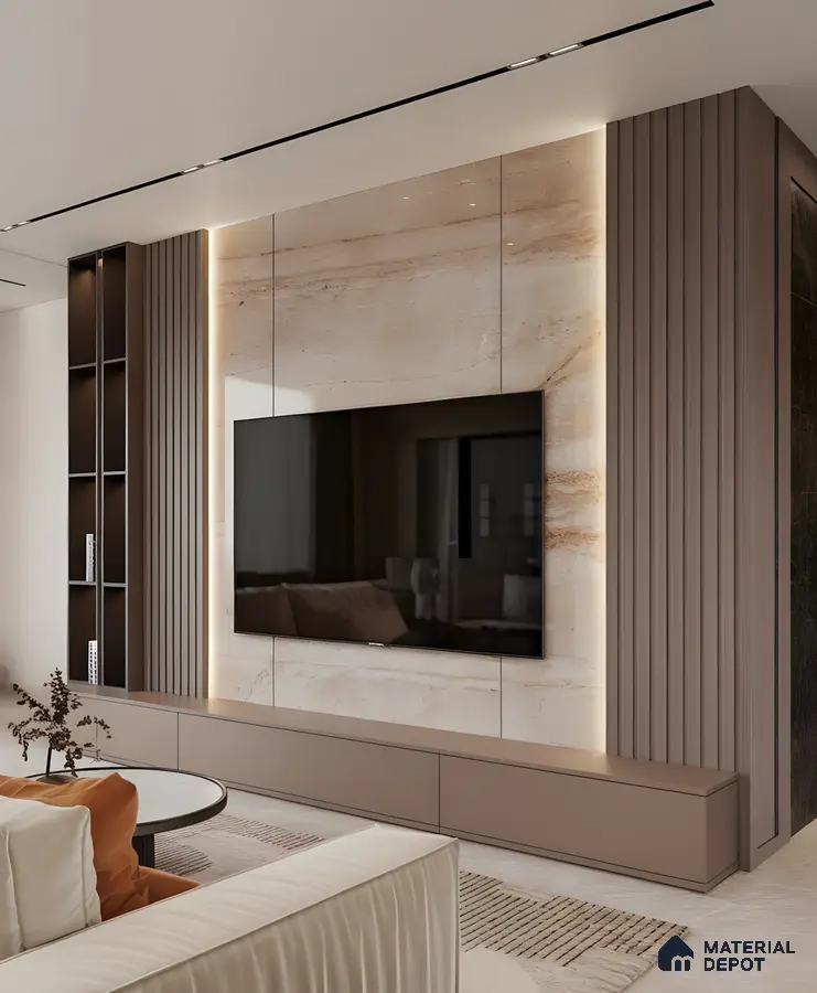 Contemporary Elegance: Warm Beige Marble Tv Wall With Vertical Wood Paneling | Material Depot