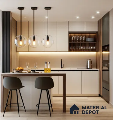 Contemporary Elegance with Glass Pendant Lighting and Integrated Kitchen Bar | Material Depot