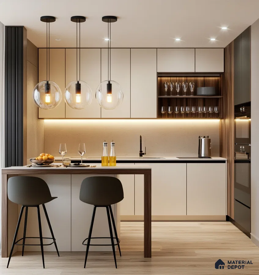 Contemporary Elegance with Glass Pendant Lighting and Integrated Kitchen Bar | Material Depot