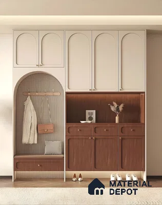 Contemporary Entryway Storage Unit With Arched Pu Shutters, Fluted Panel Backdrop, And Warm Walnut Laminate Accents | Material Depot