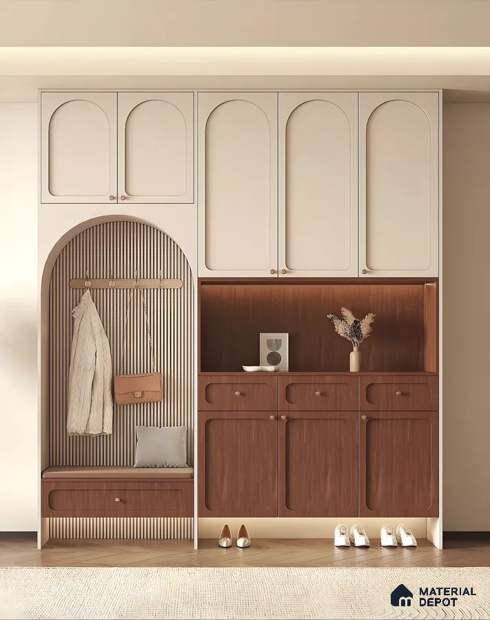 Contemporary Entryway Storage Unit With Arched Pu Shutters, Fluted Panel Backdrop, And Warm Walnut Laminate Accents | Material Depot