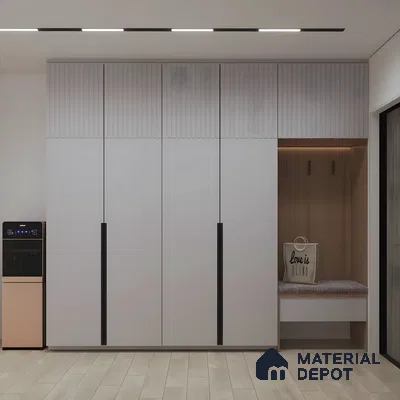 Contemporary Entryway Wardrobe With Matte Cabinets And Built-In Seating Nook | Material Depot