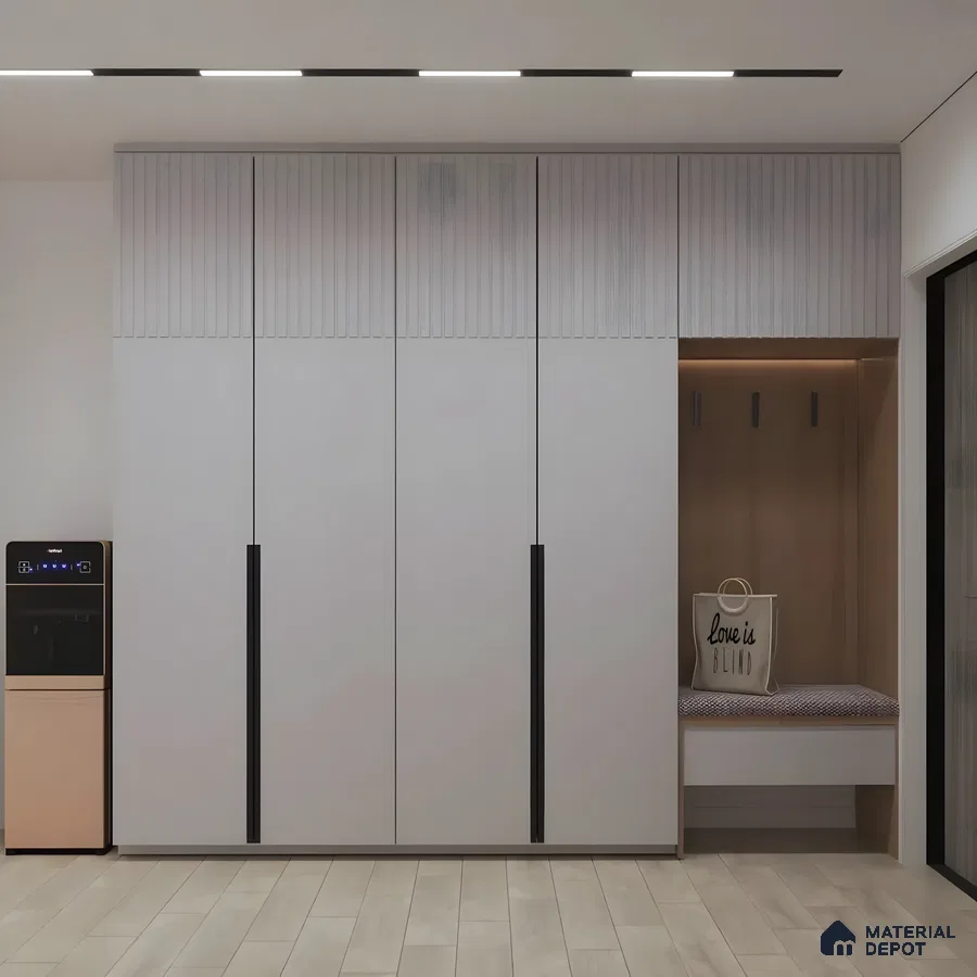Contemporary Entryway Wardrobe With Matte Cabinets And Built-In Seating Nook | Material Depot