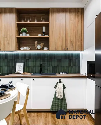 Contemporary Farmhouse Kitchen with Green Backsplash | Material Depot