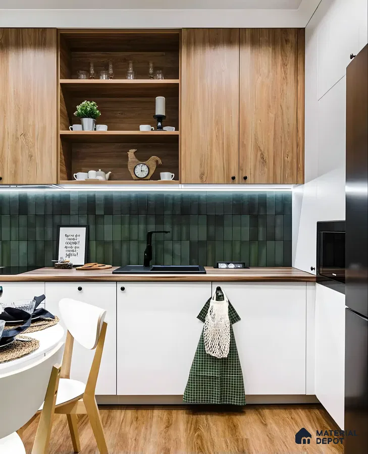 Contemporary Farmhouse Kitchen with Green Backsplash | Material Depot
