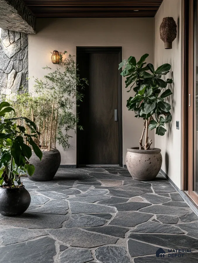 Contemporary Foyer with Organic Kota Stone Flooring and Lush Indoor Plants | Material Depot