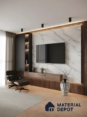 Contemporary Glam Living Room With Marble Tv Backdrop And Herringbone Floor Tile | Material Depot