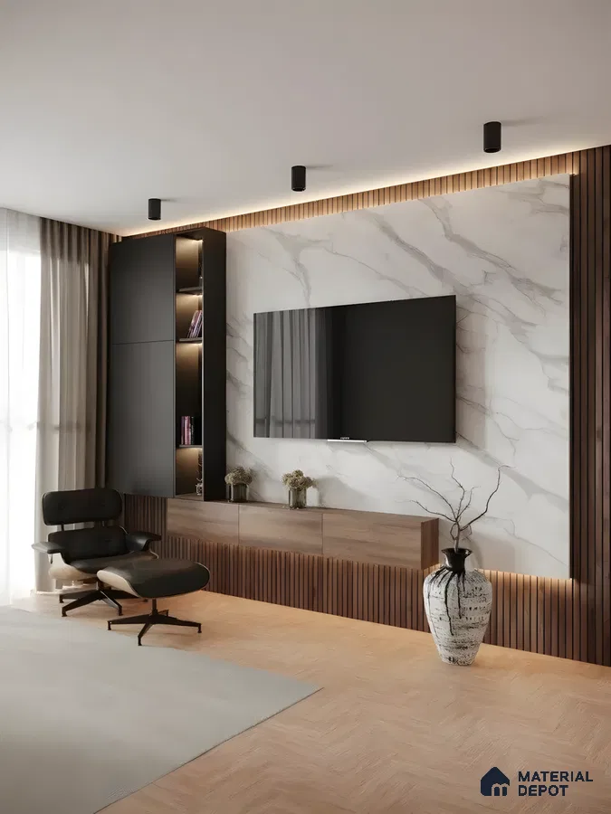 Contemporary Glam Living Room With Marble Tv Backdrop And Herringbone Floor Tile | Material Depot