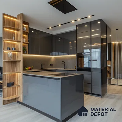 Contemporary Grace: Sleek Gray Kitchen with Custom Shelving and Subtle Lighting Accents | Material Depot