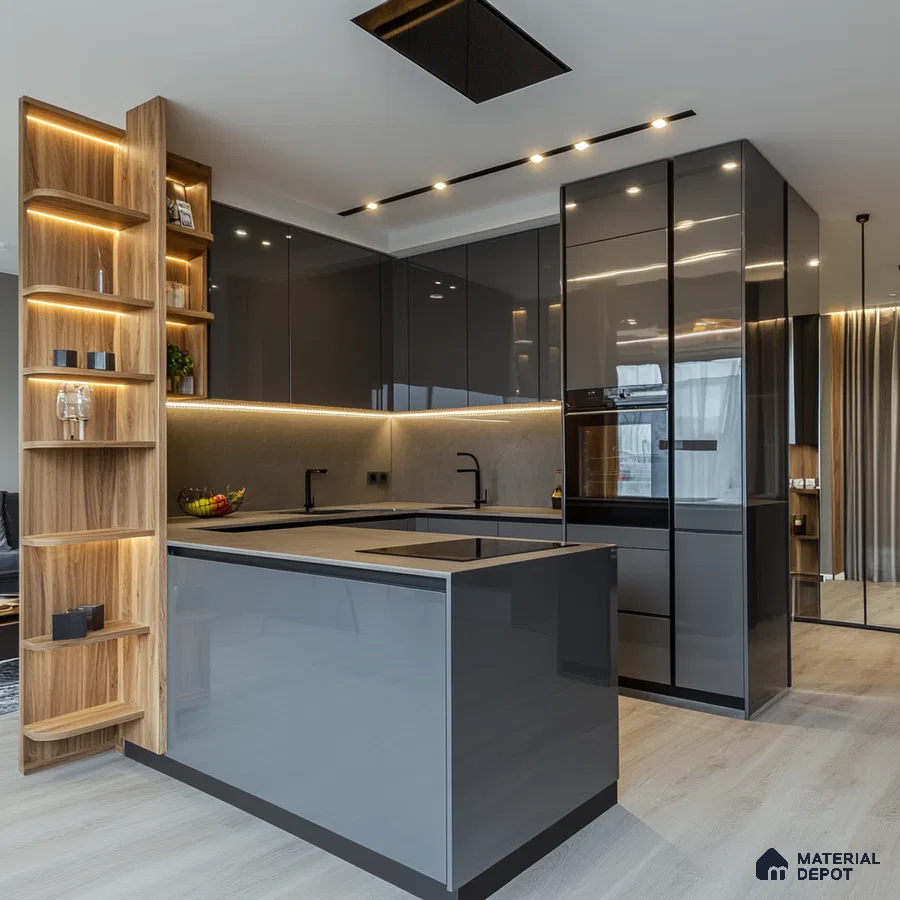 Contemporary Grace: Sleek Gray Kitchen with Custom Shelving and Subtle Lighting Accents | Material Depot