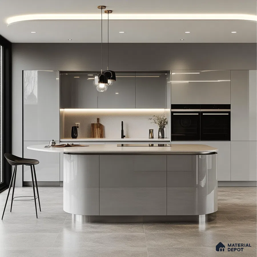 Contemporary Gray Kitchen with Sleek Curved Island and Modern Aesthetics | Material Depot