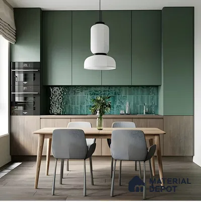 Olive Green and Terracotta Kitchen with Textured Backsplash | Material Depot